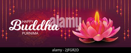 Happy Buddha Purnima Gautama Buddha Lotus flower candle, Mandala. Ornate Traditional Festival Poster. Horizontal Banner Design Template Vector design Stock Vector