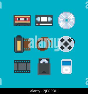 Pixel art vector illustration set - audio compact cassette, video tape cassette, matnetic tape, compact disc, audio and video media devices, digital Stock Vector