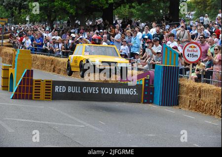 London, UK. 3rd July, 2022. The, slightly hilarious and often dangerous, Wacky Races-style Red Bull Soapbox derby returned to Alexandra Palace today for the fifth time. The race, which has now taken place around the world 100 times, features crazy creativity from teams of amateur drivers who create a homemade Soapbox car to race around a 430m course in the fastest possible time. In 2013, a team completed the Alexandra Palace run in just 33 seconds reaching a speed of over 50 kilometres per hour near the course end. Credit: Michael Preston/Alamy Live News Stock Photo