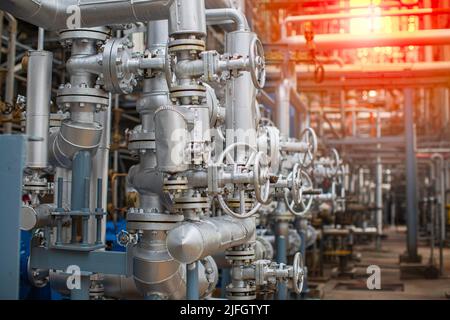 Refinery plant equipment for pipe line oil and gas valves at gas plant pressure safety valve selective Stock Photo