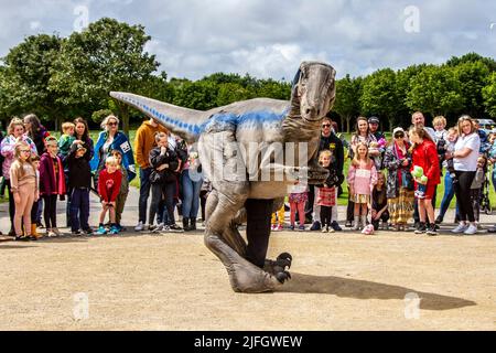 Dino Jurassic Live in Southport, Merseyside.  UK Entertainment, Jurassic Live- Meet the scarily realistic T-Rex Dinosaurs show event roarsome adventure in Victoria Park Far Away Land family festival.  Jurassic World Live is a live show produced by Feld Entertainment and NBC Universal based on the Jurassic World franchise.  Families with children flocked to Victoria Park for a 'Far Away Land' to see animatronic giant walking dinosaurs a pre-historic weekend experience. Stock Photo