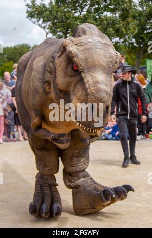 Dino Jurassic Live in Southport, Merseyside.  UK Entertainment, Jurassic Live- Meet the scarily realistic T-Rex Dinosaurs show event roarsome adventure in Victoria Park Far Away Land family festival.  Jurassic World Live is a live show produced by Feld Entertainment and NBC Universal based on the Jurassic World franchise.  Families with children flocked to Victoria Park for a 'Far Away Land' to see animatronic giant walking dinosaurs a pre-historic weekend experience. Stock Photo