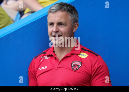 Warrington, UK. 03rd July, 2022. Paul Rowley Head Coach of Salford Red Devils looks on during the pre match warm up in Warrington, United Kingdom on 7/3/2022. (Photo by James Heaton/News Images/Sipa USA) Credit: Sipa USA/Alamy Live News Stock Photo
