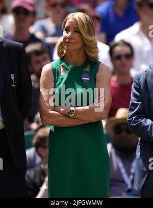 Former Wimbledon champion Chris Evert during day seven of the 2022 Wimbledon Championships at the All England Lawn Tennis and Croquet Club, Wimbledon. Picture date: Sunday July 3, 2022. Stock Photo