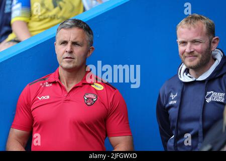 Warrington, UK. 03rd July, 2022. Paul Rowley Head Coach of Salford Red Devils and Referee Robert Hicks ahead of the game in Warrington, United Kingdom on 7/3/2022. (Photo by James Heaton/News Images/Sipa USA) Credit: Sipa USA/Alamy Live News Stock Photo