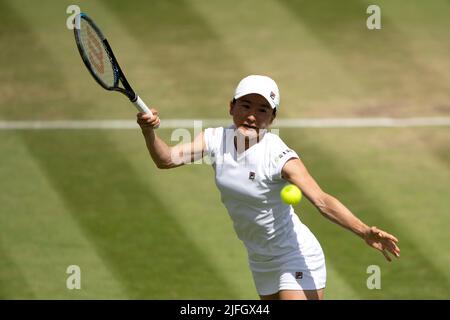 Japan's Shuko Aoyama and Chinese Taipei's Hao-Ching Chan (not pictured) in action against USA's Alison Riske-Amritaj and Coco Vandeweghe during day seven of the 2022 Wimbledon Championships at the All England Lawn Tennis and Croquet Club, Wimbledon. Picture date: Sunday July 3, 2022. Stock Photo