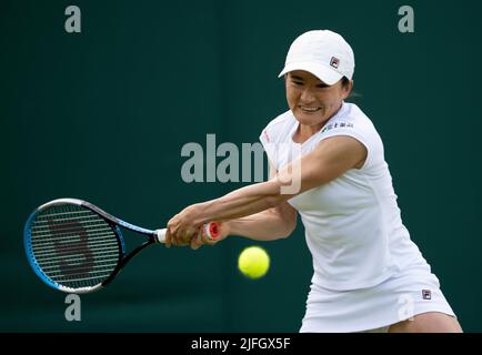 Japan's Shuko Aoyama and Chinese Taipei's Hao-Ching Chan (not pictured) in action against USA's Alison Riske-Amritaj and Coco Vandeweghe during day seven of the 2022 Wimbledon Championships at the All England Lawn Tennis and Croquet Club, Wimbledon. Picture date: Sunday July 3, 2022. Stock Photo