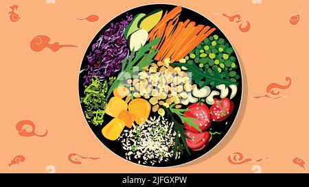 Useful and healthy fresh food. Fresh vegetables and herbs, tomatoes and beans with sesame improve your health. Stock Vector