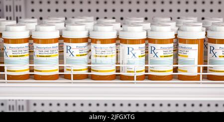 Row of drug bottles and pill tablet box on the farmacy shelf. 3d illustration Stock Photo