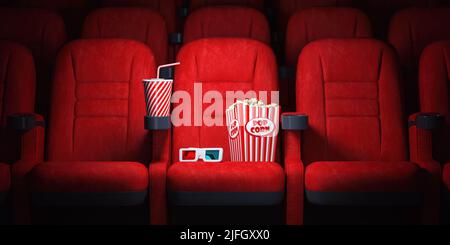 Red cinema seats and cola, popcorn and glasses in empty theater. Cinema movie theater concept background. 3d illustration Stock Photo