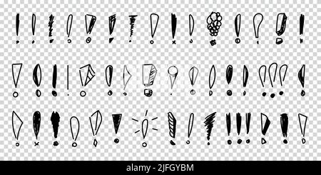 Set of hand drawn exclamation marks. Pencil and ink various scattered exclamation marks. Sketches of punctuation mark, vector illustration on isolated Stock Vector