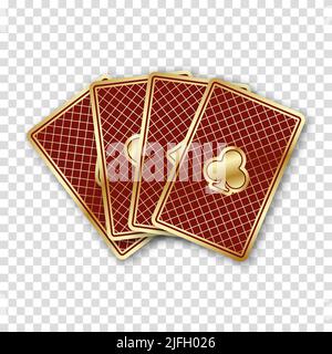 Four poker playing cards on a transparent background. Red and gold design on the back. Vector illustration. Stock Vector