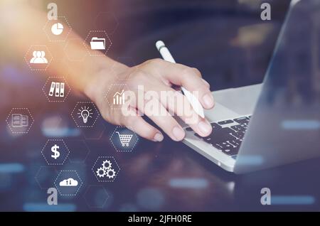 Computer Technology Big Data Business, Financial Analysis, Online Shopping, Marketing and Social Media, Internet of Things IoT Concepts. Stock Photo