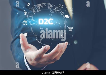 Man hand virtual world icon. D2C icons and symbols Direct to Consumer virtual screen. Business concept. Stock Photo