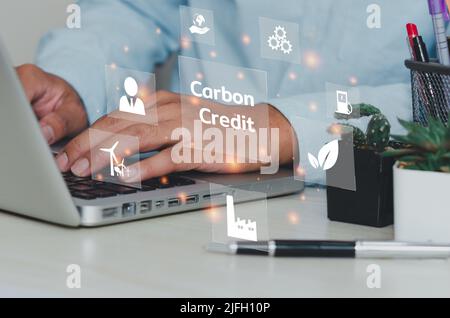 Organizations or companies develop carbon credit business to reduce global warming for quality growth.ESG business concept. Stock Photo