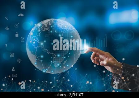 Digital communication and virtual technology concept WEB 3.0.hand touch globe internet.Business concept metaverse and big data. Stock Photo