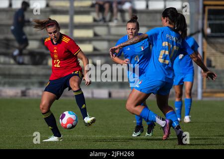 Patricia Guijarro Gutierrez of Spain, Aurora Galli, Martina Piemonte of Italy compete for the ball during the Women's International friendly match between Italy and Spain at Teofilo Patini Stadium on July 01, 2022 in Castel di Sangro , Italy. Â©Photo: Cinzia Camela. Stock Photo