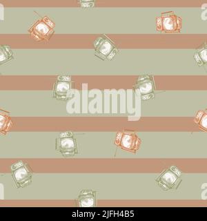 Retro TV engraved seamless pattern. Vintage television with antenna in hand drawn style. Sketch old device. Texture for fabric, wallpaper, textile, pr Stock Vector