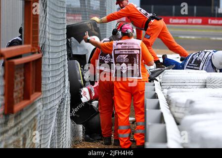 Silverstone, UK. 03rd July, 2022. The Alfa Romeo F1 Team C42 of Guanyu Zhou (CHN) Alfa Romeo F1 Team after he crashed at the start of the race. 03.07.2022. Formula 1 World Championship, Rd 10, British Grand Prix, Silverstone, England, Race Day. Photo credit should read: XPB/Press Association Images. Credit: XPB Images Ltd/Alamy Live News Stock Photo