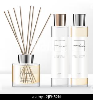 Vector Minimal Style Aroma Diffuser Set with Silver Cap Home Spray Clear Bottle. Stock Vector