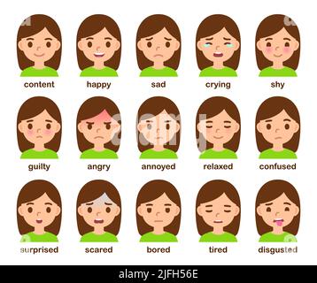 Cartoon girl face with different emotions. Facial expressions of feelings and mental states. Cute and simple vector illustration set. Stock Vector