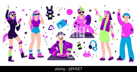 DJ party people. Discotheques musicians with headphones and turntables. Disco club dancers. Mixers and controllers. Vinyl records. Dancing men and Stock Vector