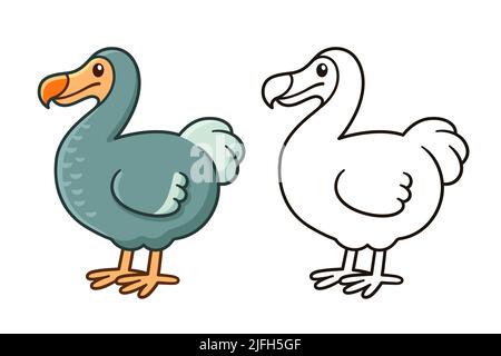 Cute cartoon dodo bird drawing. Color and black and white outline for coloring. Funny vector clip art illustration. Stock Vector