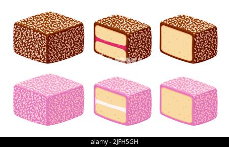 Lamington, traditional Australian dessert. Sponge cake covered in chocolate and coconut, with layer of jam and strawberry flavor. Vector clip art illu Stock Vector