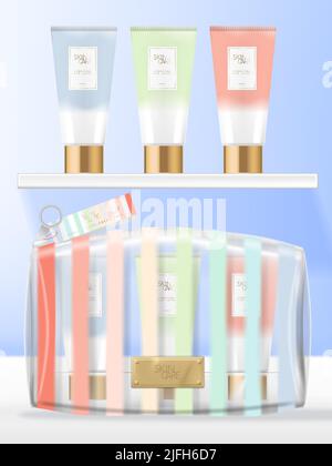 Vector Transparent PVC Cosmetics, Beauty or Wash Bag Set with Hand cream Tube Packaging. Summer Rainbow Stripes Printed. Stock Vector