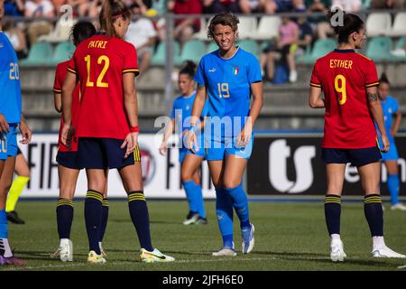 Valentina Giacinti of Italy, Patricia Guijarro Gutierrez, Esther Gonzalez Rodriguez of Spain during the Women's International friendly match between Italy and Spain at Teofilo Patini Stadium on July 01, 2022 in Castel di Sangro , Italy. Â©Photo: Cinzia Camela. Stock Photo