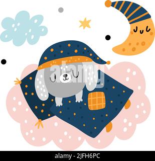 Sleepy cute animal. Happy baby creature dreaming in bed. Cartoon puppy sleeping under blanket on cloud. Dog and crescent in nightcaps. Night Stock Vector