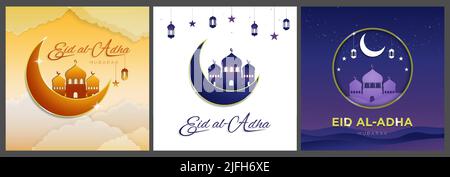 Set of Eid al Adha Greeting Cards. Vector Illustrations in paper cut-out design. Crescent moon, lantern and mosque silhouette on gradient backgrounds. Stock Vector