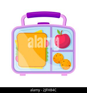 Lunch Box with school lunch, apple, sandwich, and cookies. Healthy Food For Kids And Students Flat vector illustration isolated on white background. Stock Vector