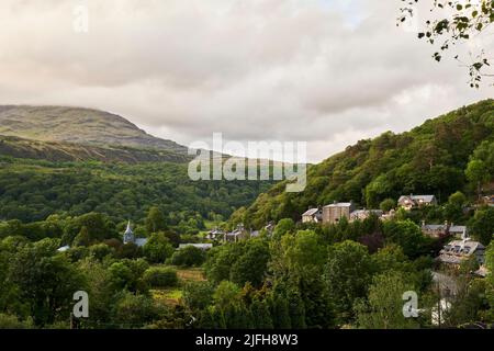 The Welsh village of Maentwrong in the county of Merionitheshire, Wales, in evening light during summer. Stock Photo