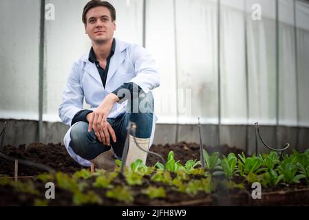 Portrait of handsome agricultural researcher working on research at plantation in industrial greenhouse Stock Photo