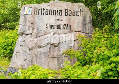 Welcome to Britannia Beach sign, Britannia Beach, British Columbia, Canada Stock Photo