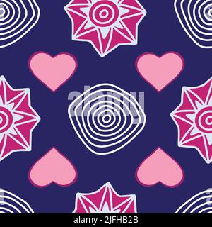 Abstract seamless pattern with concentric circles, stars and hearts on dark blue background. Stock Vector