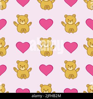 Yellow teddy bear and pink heart seamless pattern. Stock Vector
