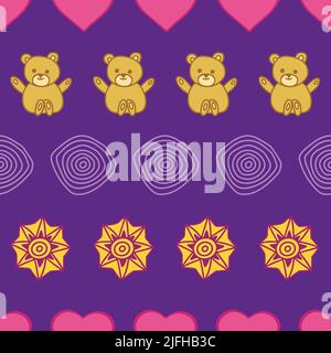 Striped seamless pattern with teddy, stars and hearts in a row. Stock Vector