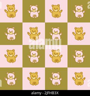 Checkered seamless pattern with cute teddy bear. Stock Vector