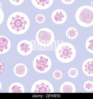 Child friendly polka dotted seamless pattern. White circles with elements inside. Stock Vector