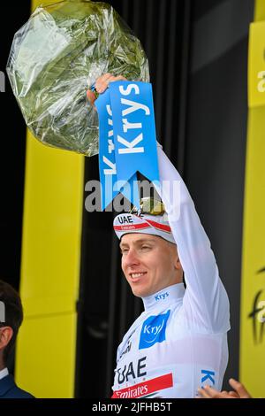 Vejle to Sonderborg, Denmark. 3rd July, 2022. Slovenian Tadej Pogacar of UAE Team Emirates celebrates on the podium of stage three of the Tour de France cycling race, 182km from Vejle to Sonderborg, Denmark on Sunday 03 July 2022. This year's Tour de France takes place from 01 to 24 July 2022 and starts with three stages in Denmark. BELGA PHOTO DAVID STOCKMAN Credit: Belga News Agency/Alamy Live News Stock Photo