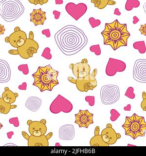 Teddy bear seamless pattern with hearts and stars on white background. Stock Vector