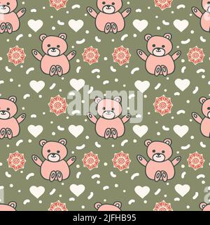 Seamless pattern with Teddy bear, hearts and stars on green background. Stock Vector