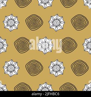 Abstract seamless pattern with concentric circles and stylized stars on mustard yellow background. Stock Vector