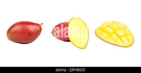 Fresh organic mango isolated on white background. Red mango fruit clipping path. Mango macro studio photo. Collection mango Stock Photo