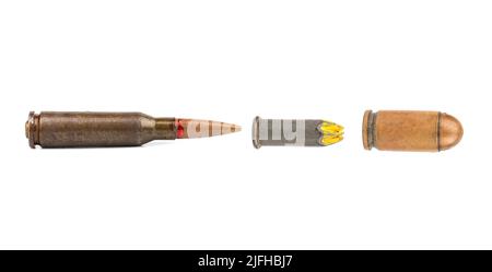 Cartridge from a pistol and a Kalashnikov assault rifle isolate on a white background, set Stock Photo