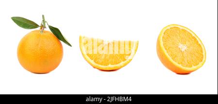 Isolated oranges. Collection of whole and sliced orange fruits isolated on white background with clipping path Stock Photo