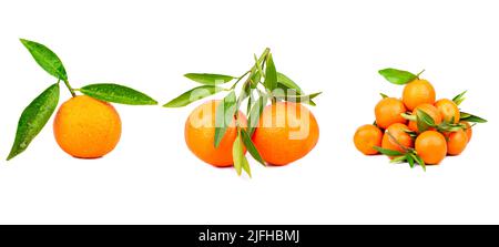 Mandarin with slices and green leaf isolated on white background top view, set Stock Photo