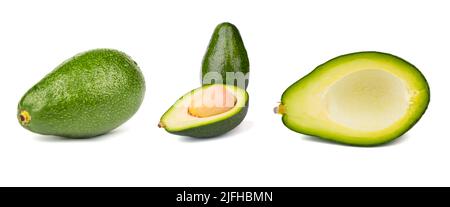 Isolated avocado. Whole avocado fruit and two halves in a row isolated on white background with clipping path Stock Photo